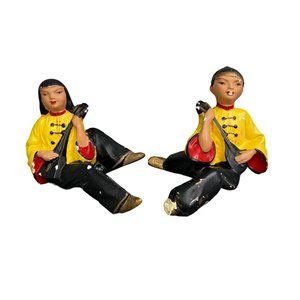 Vintage Alexander Backer Asian Boy Girl Mandolin Shelf Sitter Figurine Chalkware